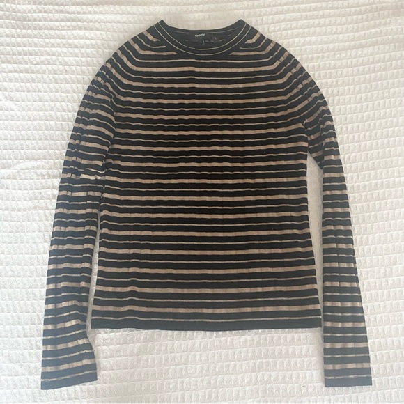 Theory black and tan stripe rib crew Prosecco sweater size Small - Picture 1 of 5